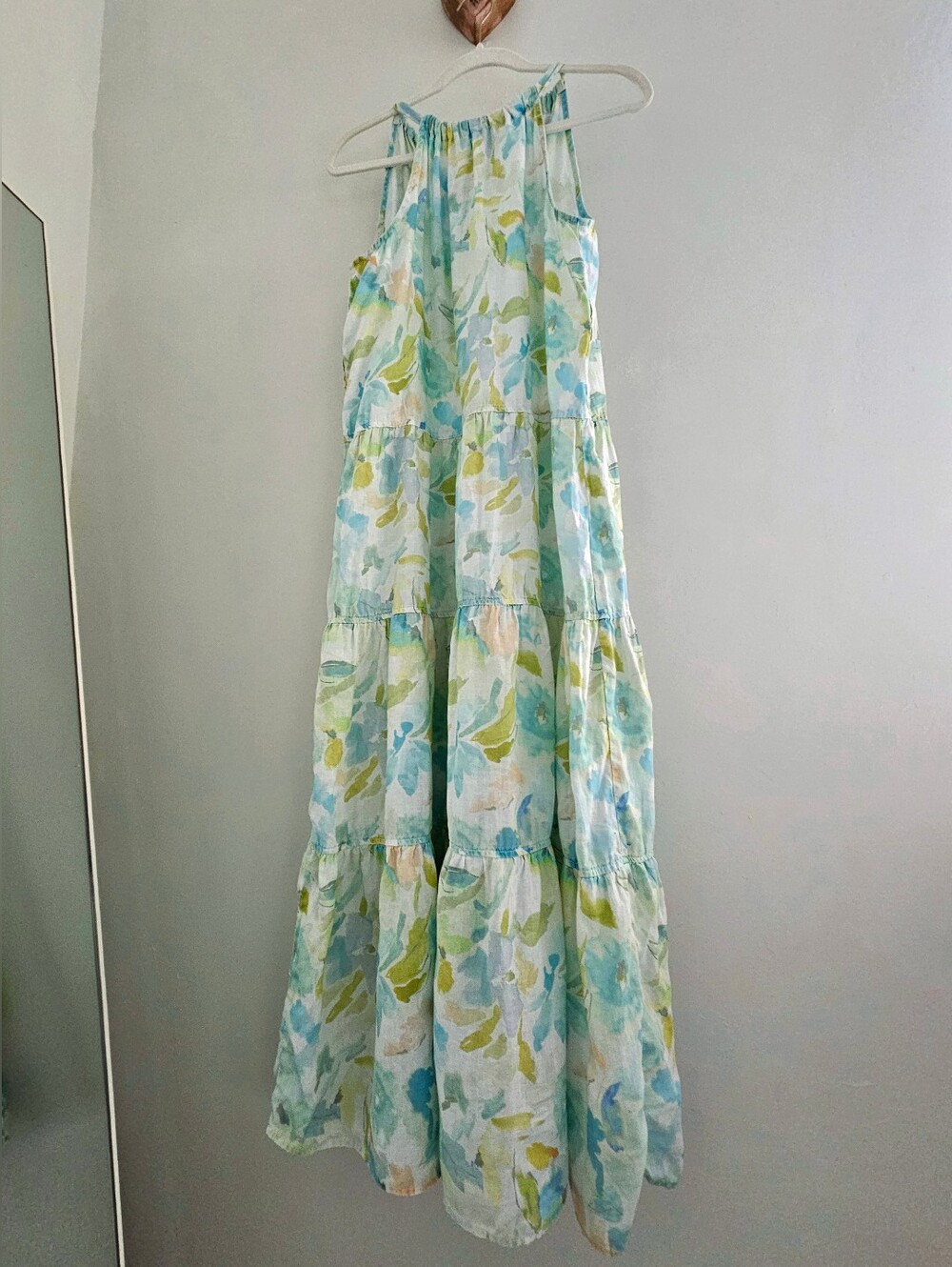 Bella Dahl Linen Floral Garden Tiered Tie Neck Maxi Dress